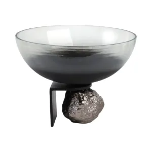 14x11" Glass Bowl On Rock Pedestal, Black/silver