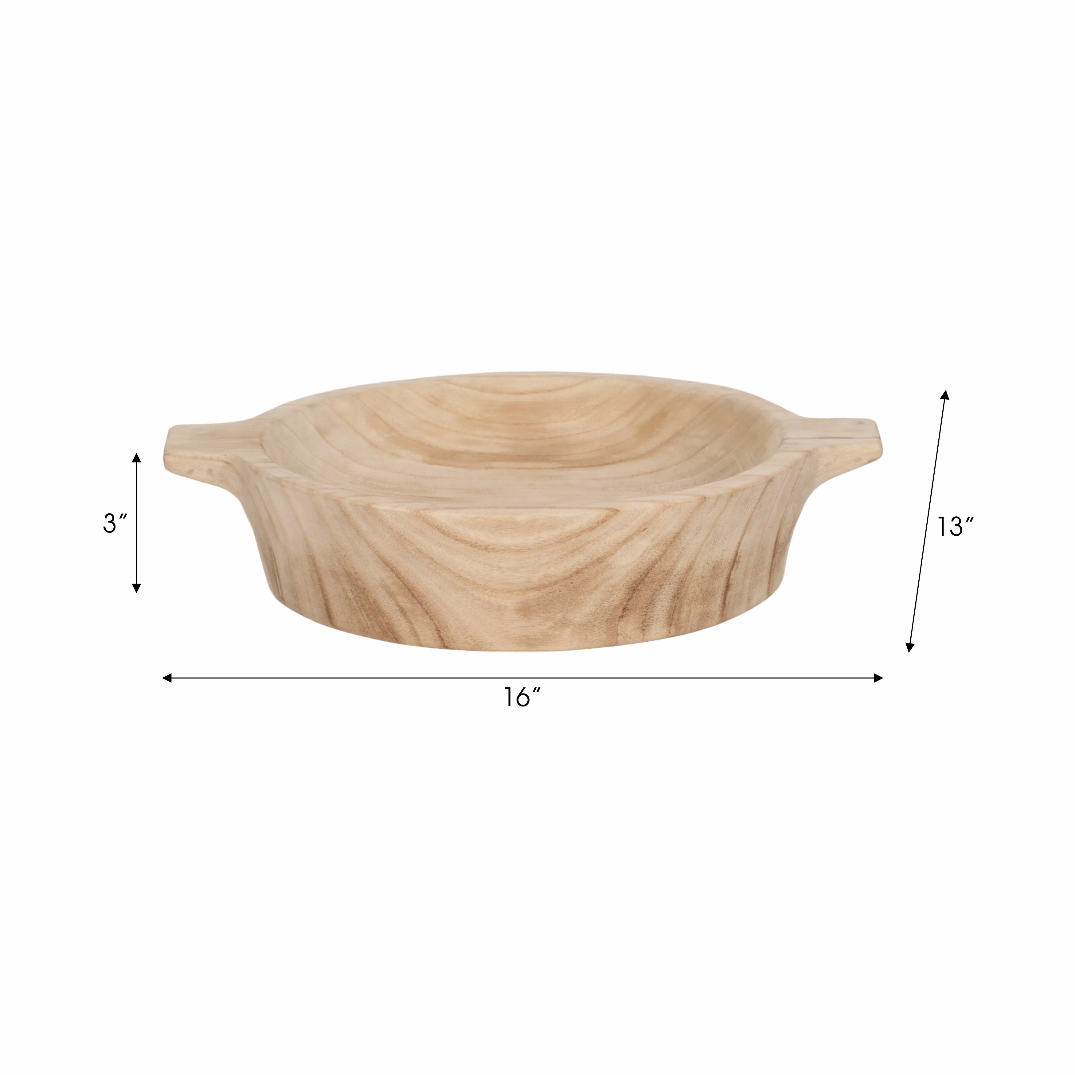16" Round Wood Bowl With Handles, Natural