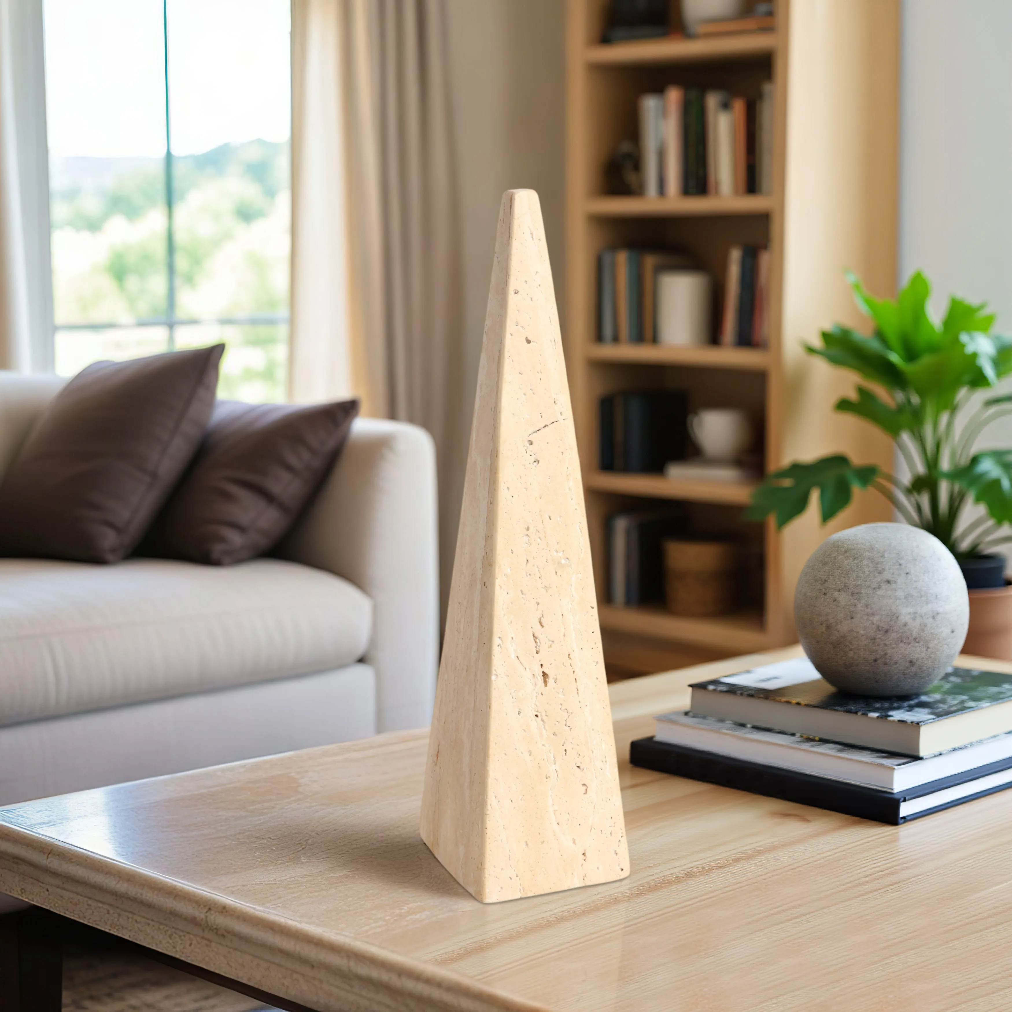 16" Travertine Obelisk, Tan