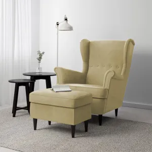 2 Pieces Velvet Chair king with Two Wings And FootStool - Dark Ivory - E3