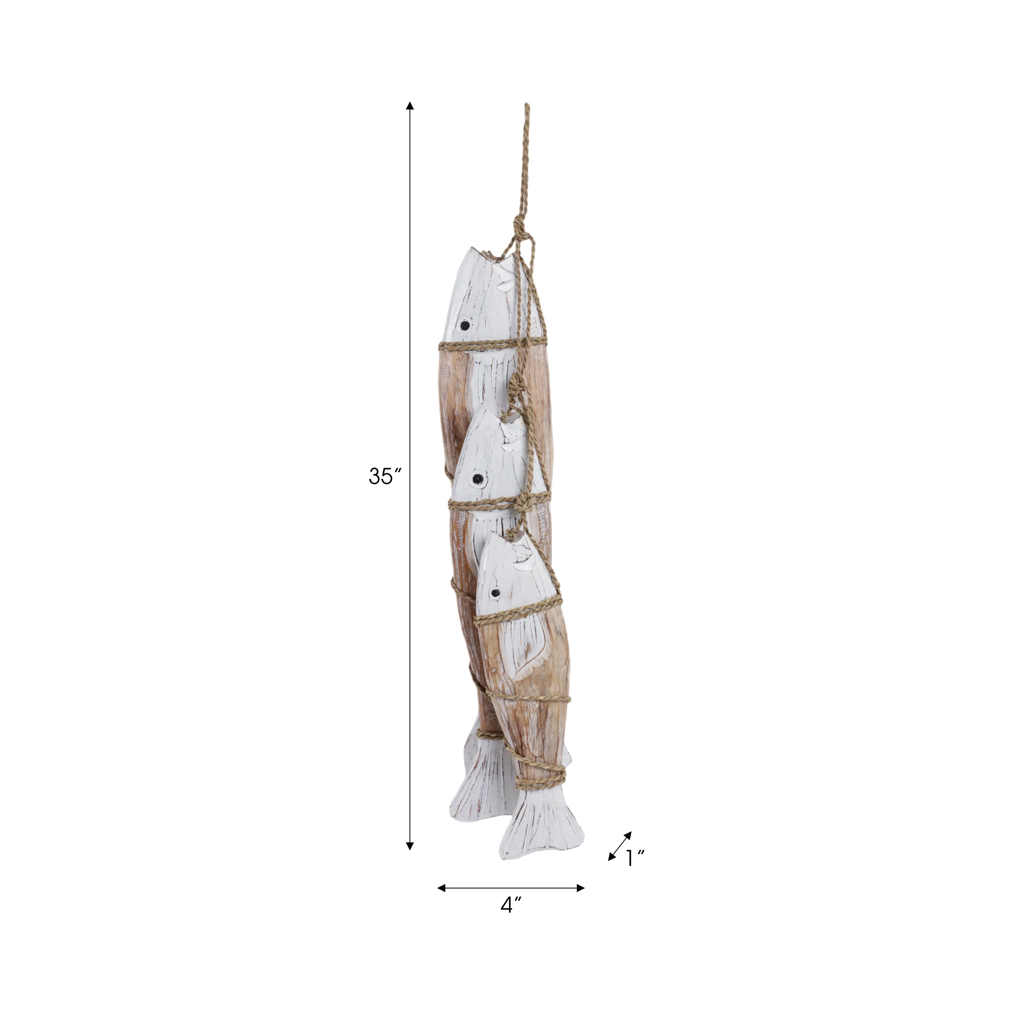 35" Wood 3 Fish On A Rope, Wht/nat