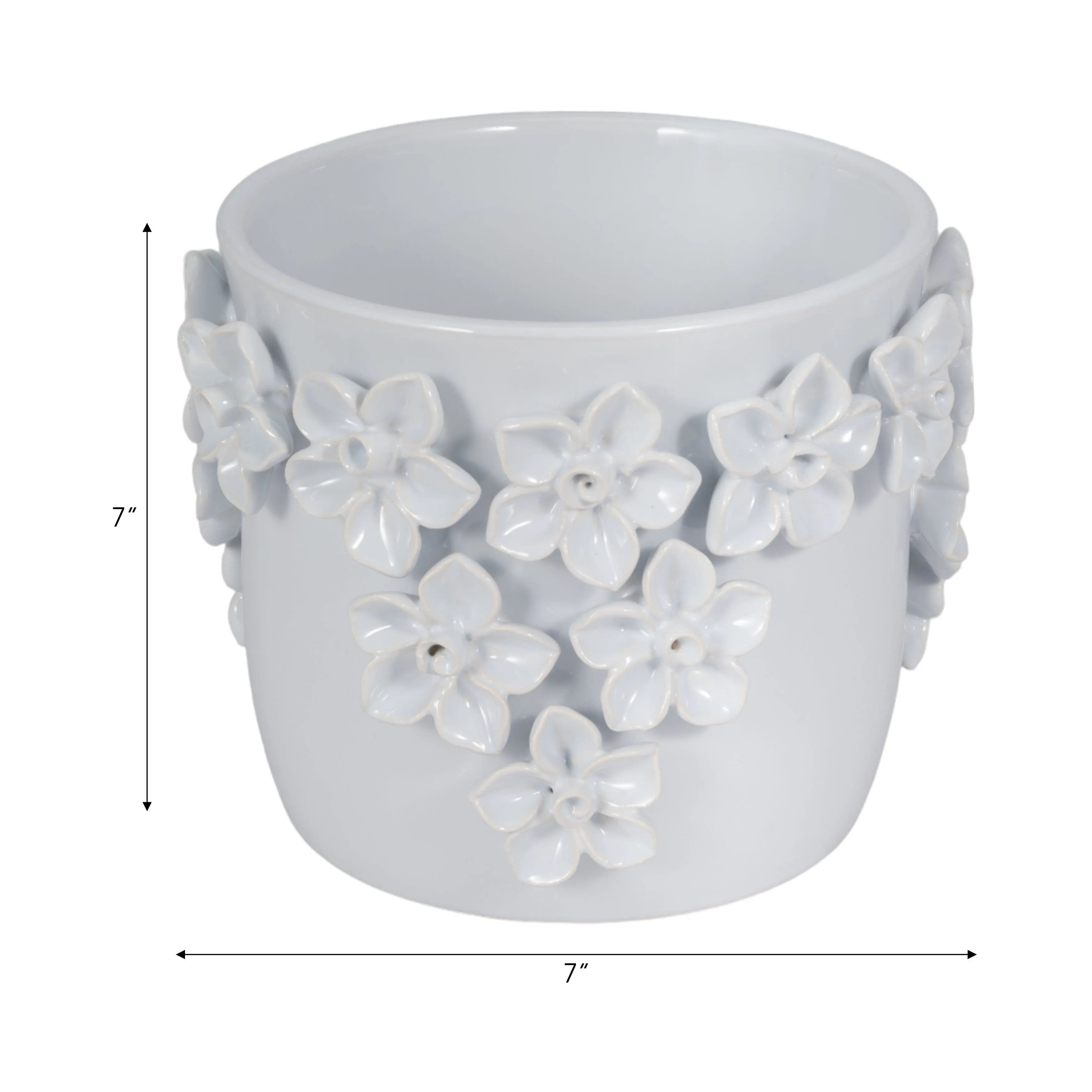 7" Floral Applique Planter, White