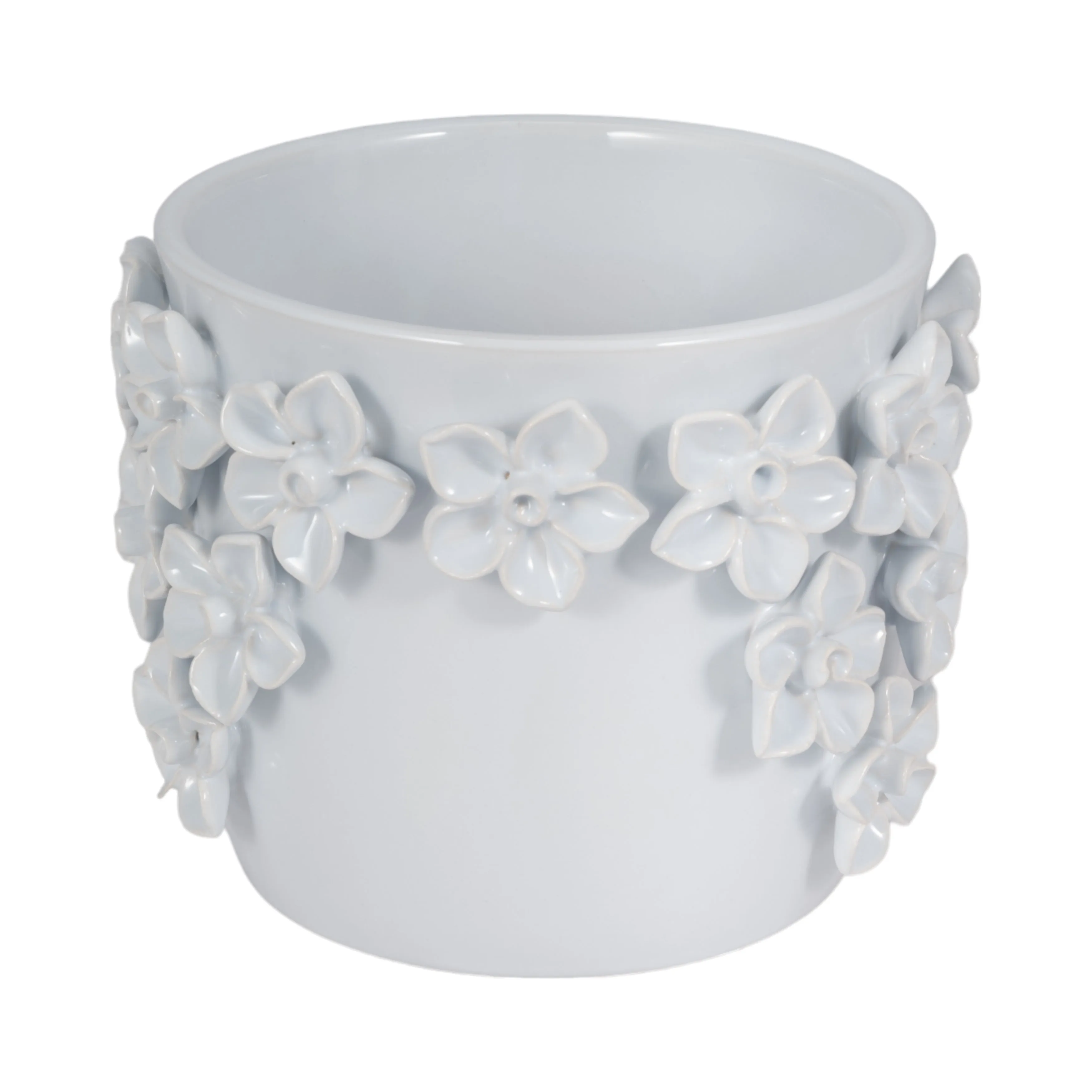 7" Floral Applique Planter, White