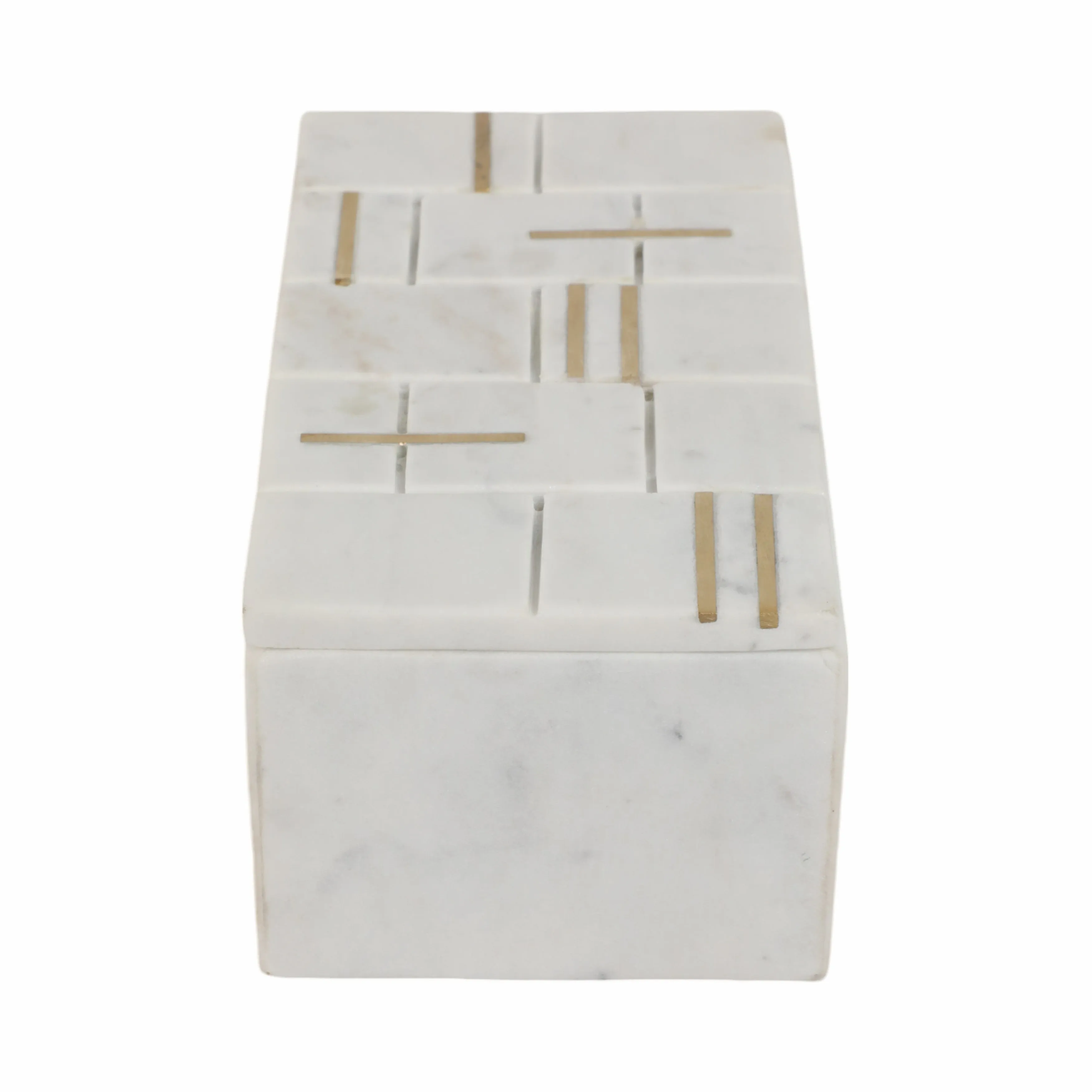 8" White Marble Box With Brass Inlay, White/gold