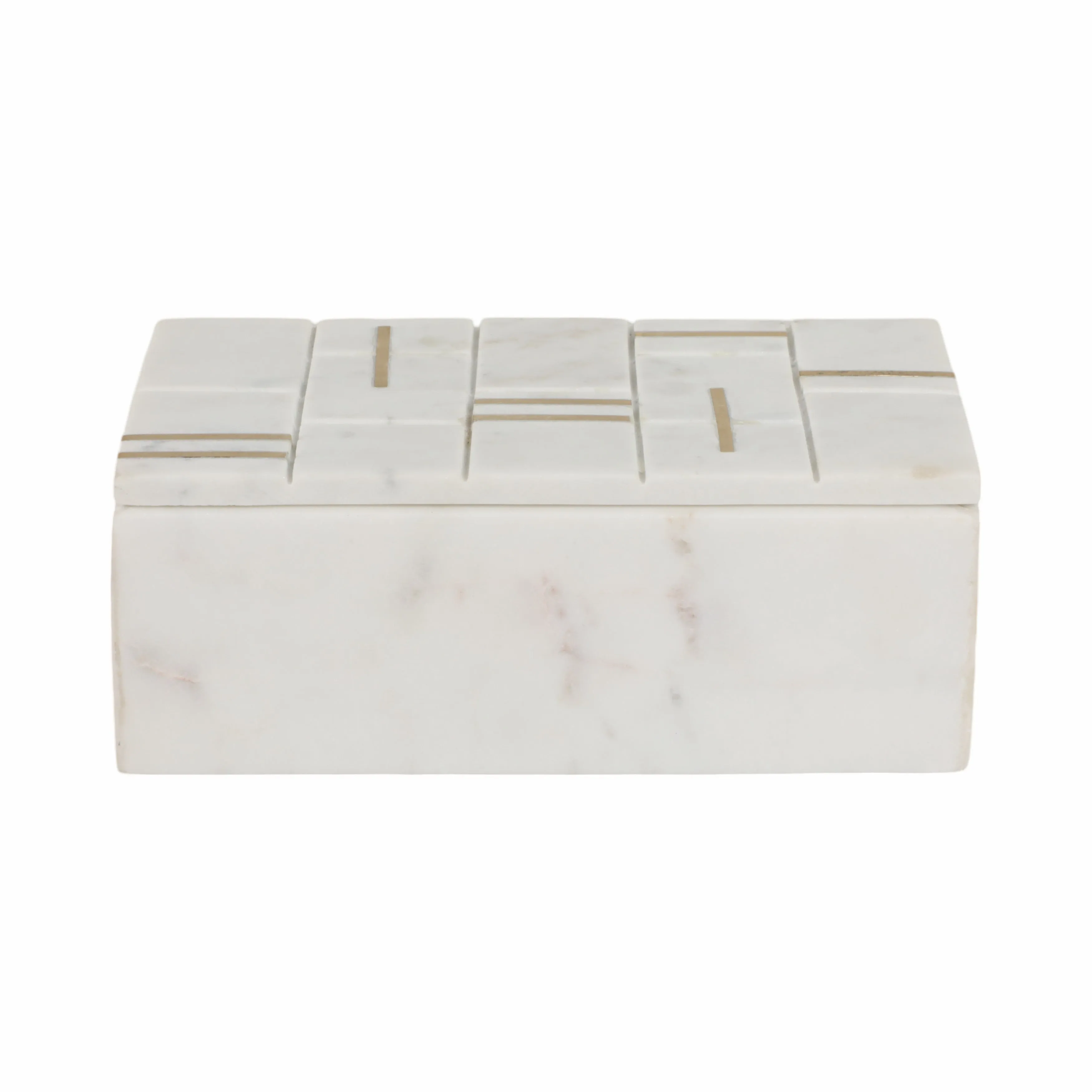 8" White Marble Box With Brass Inlay, White/gold