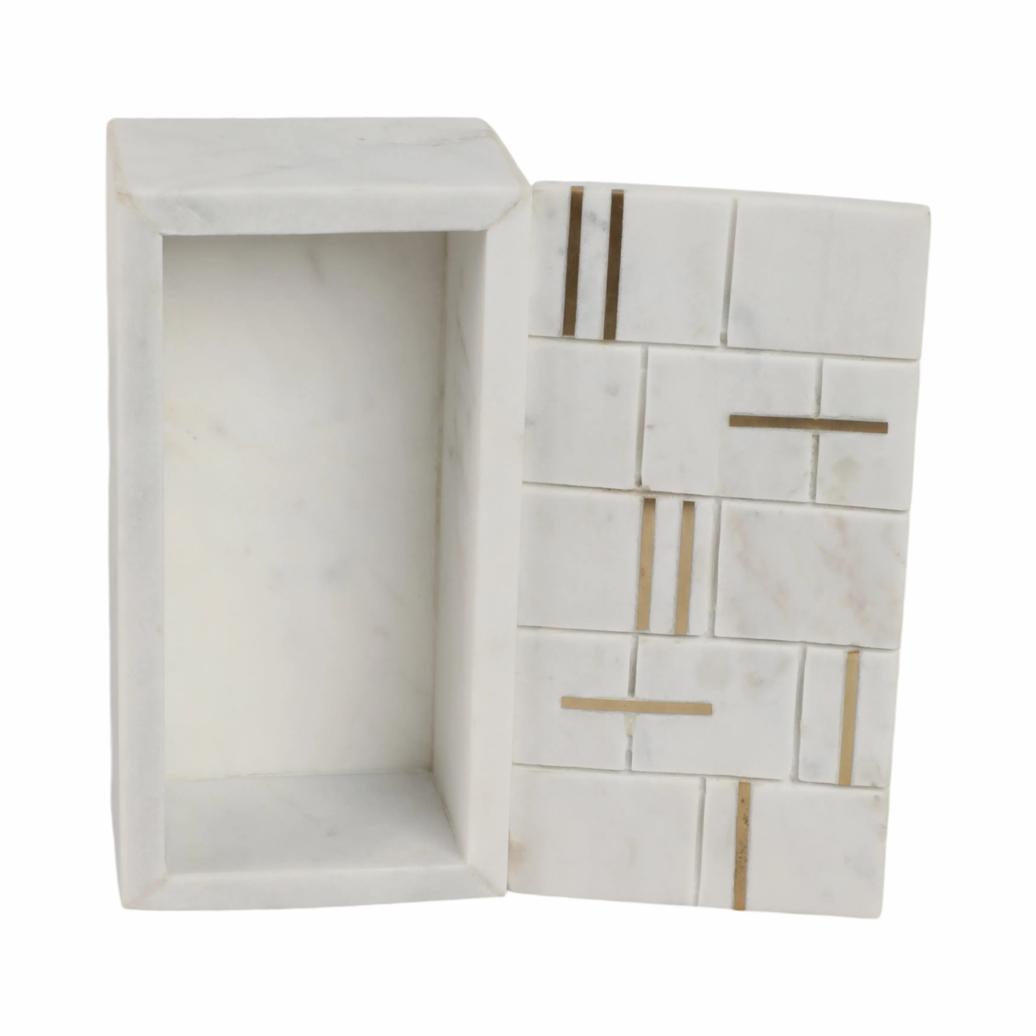 8" White Marble Box With Brass Inlay, White/gold