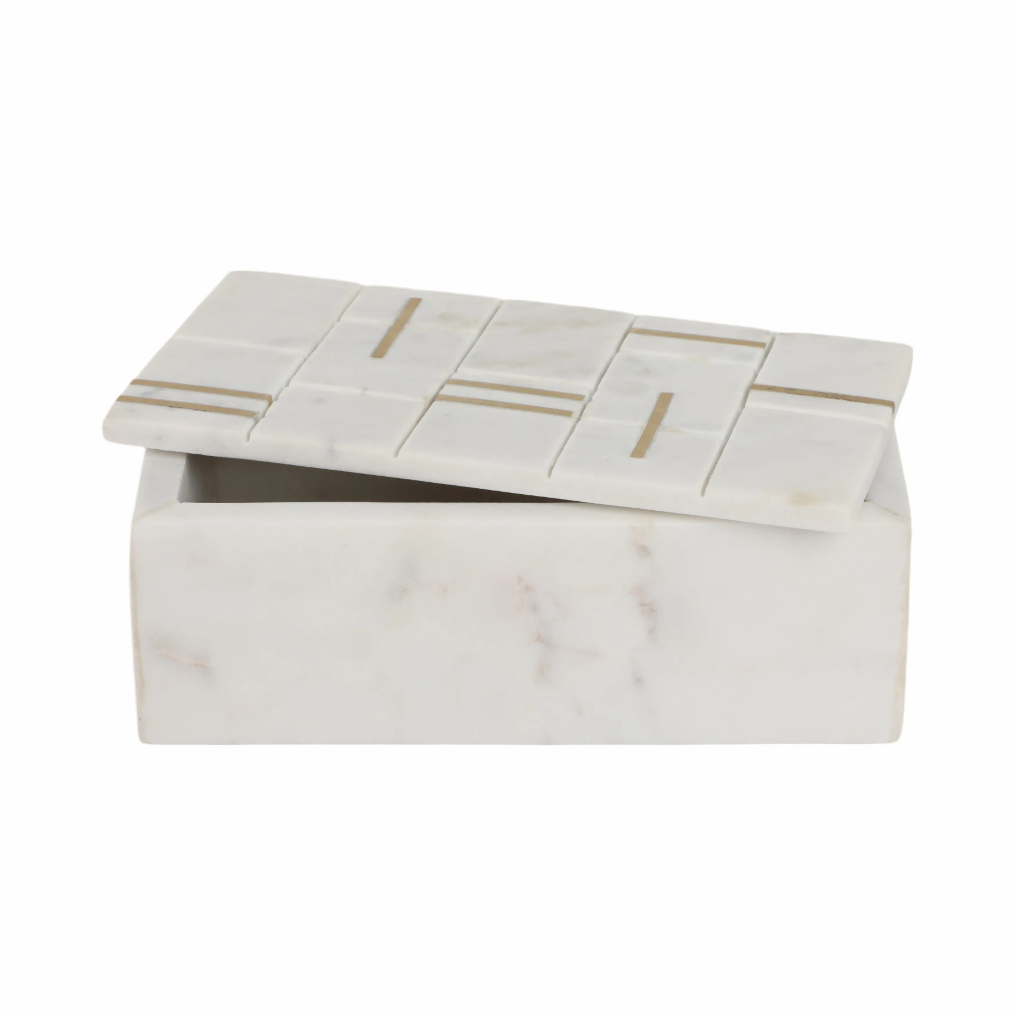 8" White Marble Box With Brass Inlay, White/gold