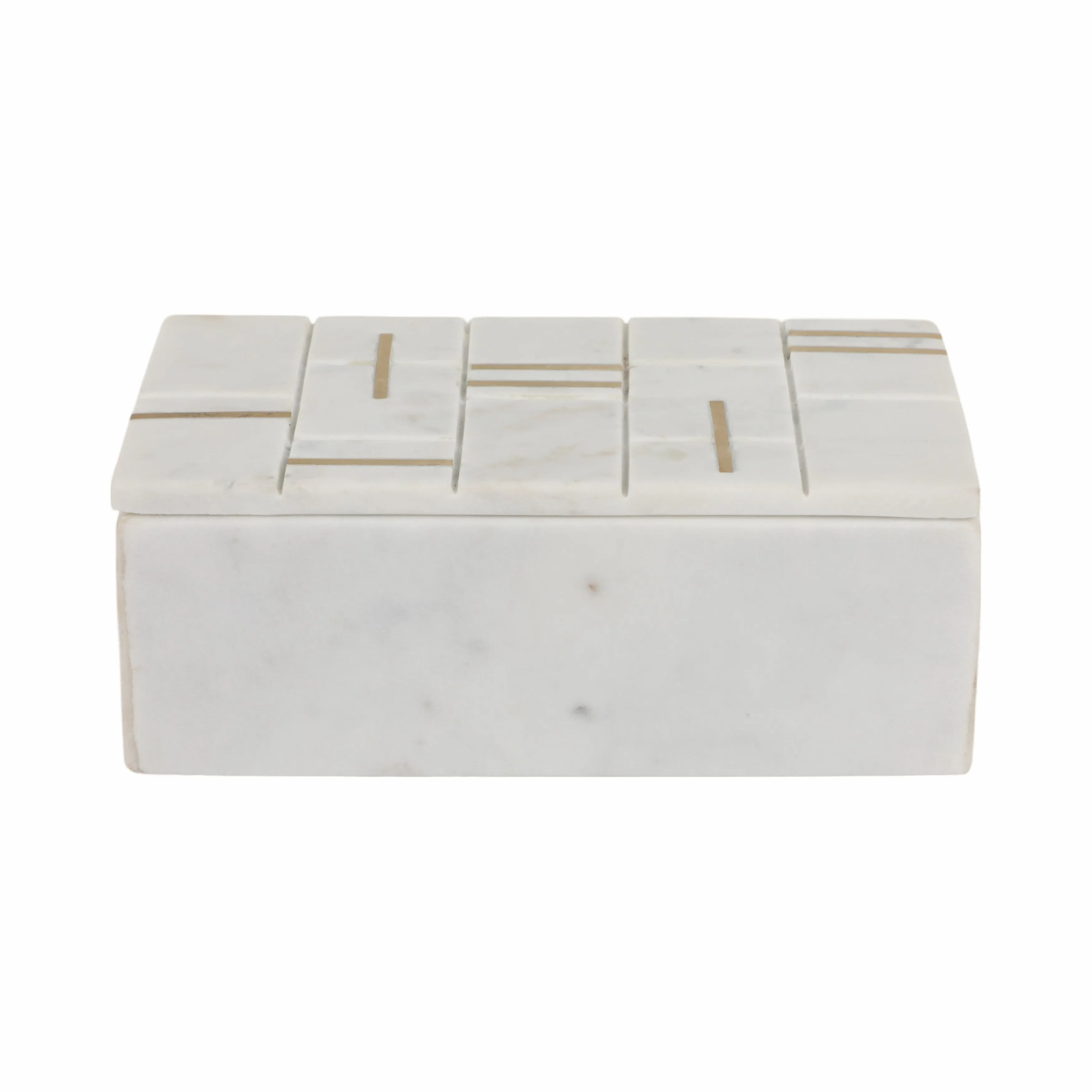 8" White Marble Box With Brass Inlay, White/gold