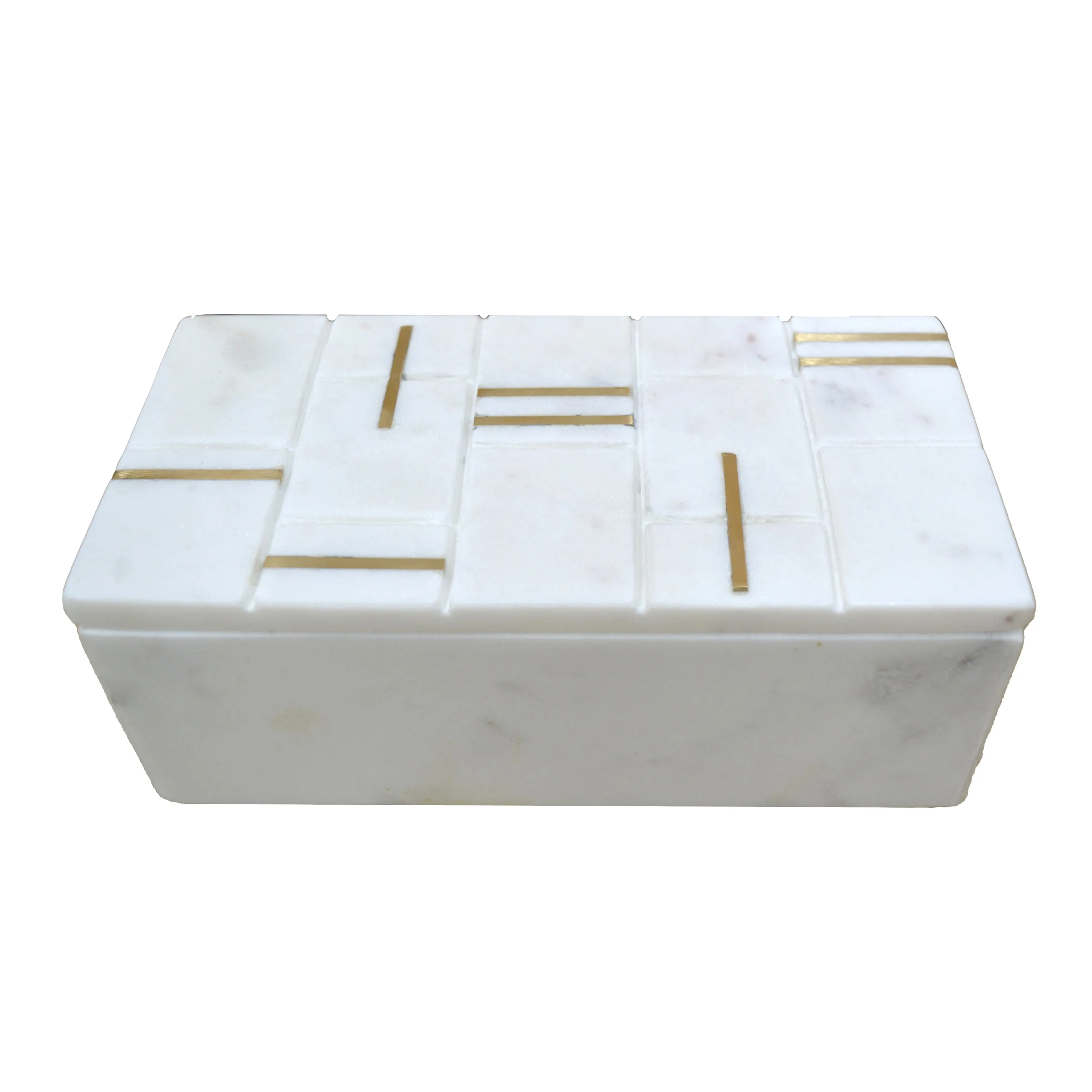 8" White Marble Box With Brass Inlay, White/gold