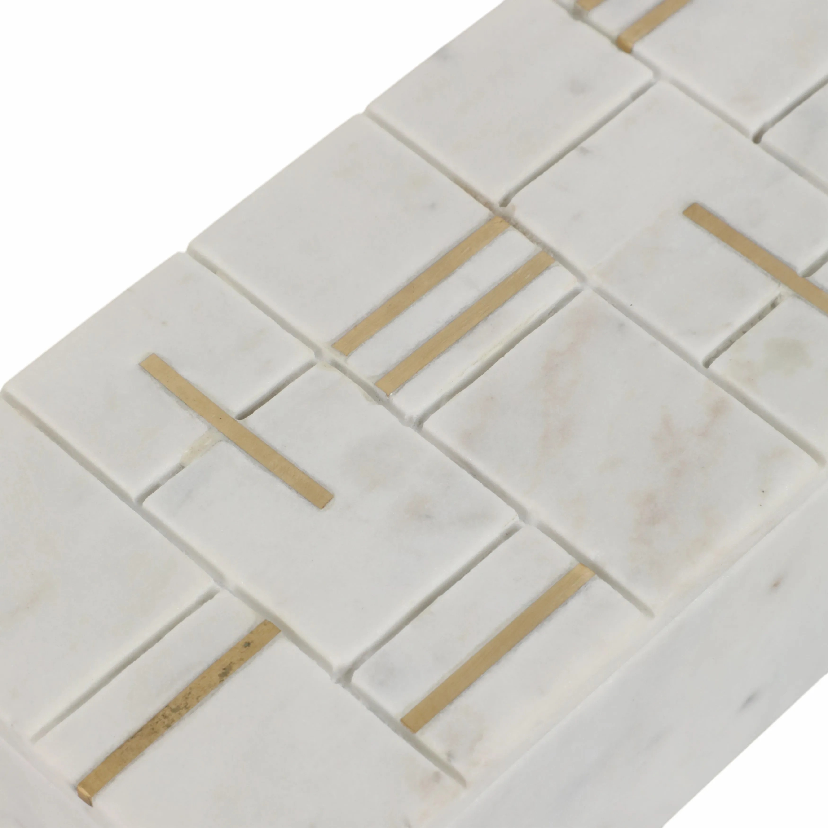 8" White Marble Box With Brass Inlay, White/gold