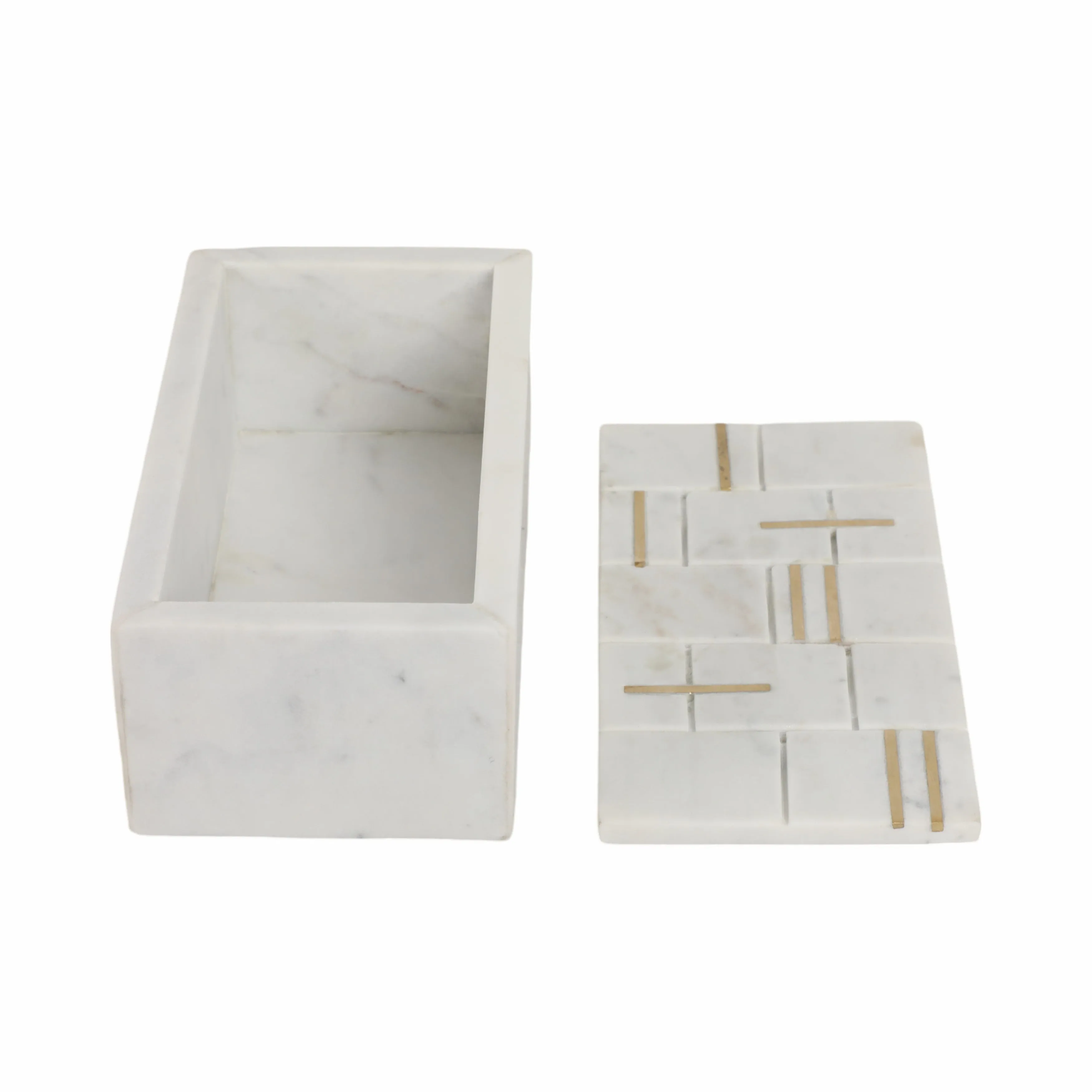 8" White Marble Box With Brass Inlay, White/gold