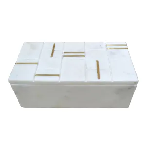 8" White Marble Box With Brass Inlay, White/gold