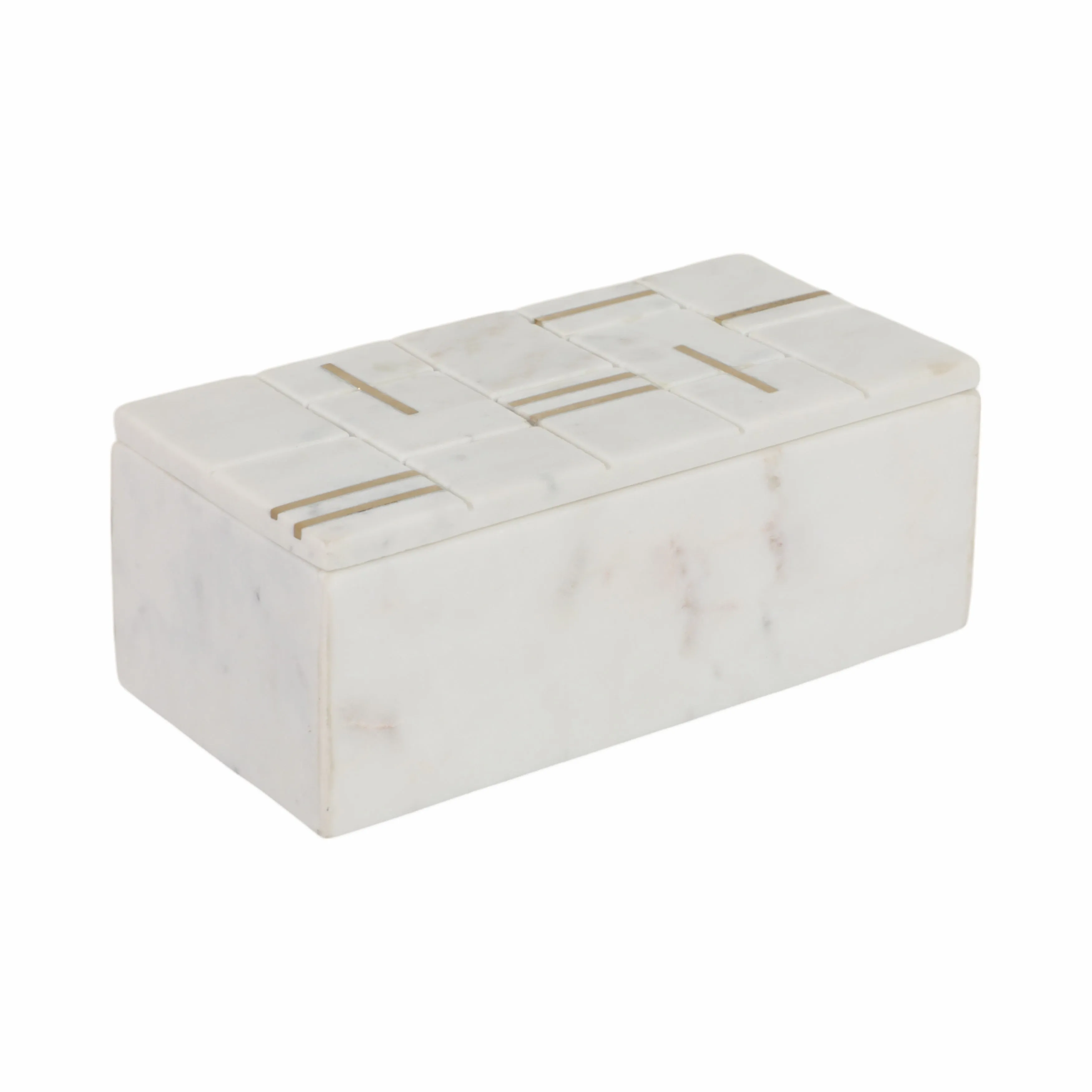 8" White Marble Box With Brass Inlay, White/gold