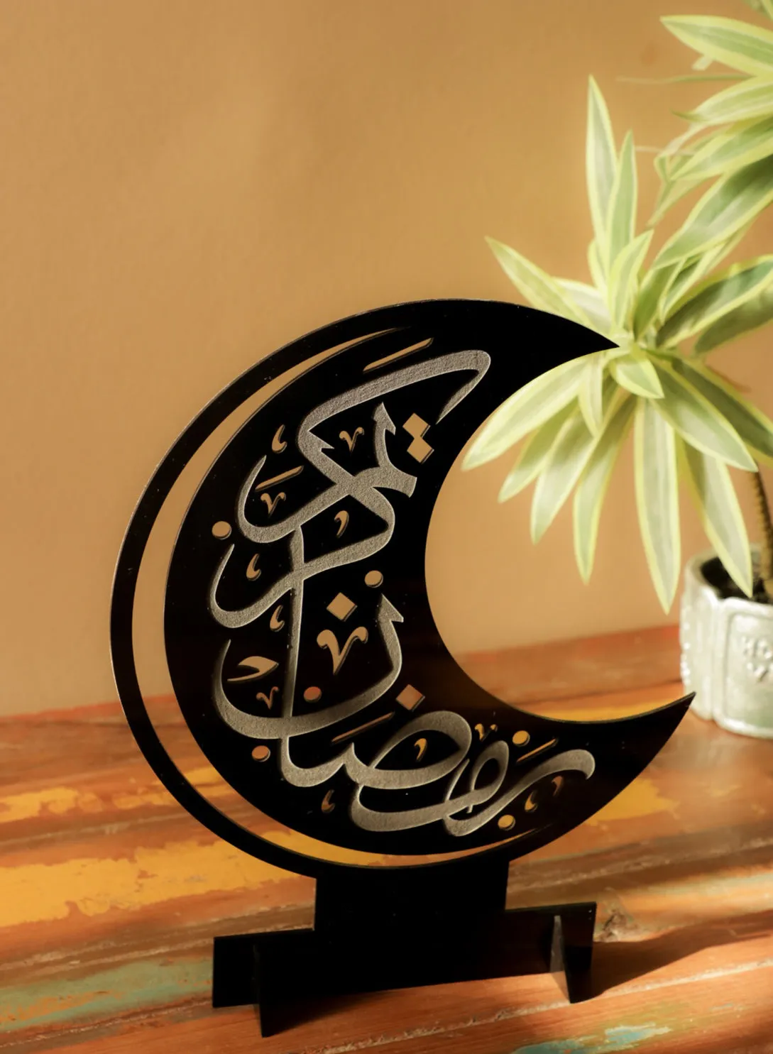Acrylic Decor Stand in Crescent Shape Engraved with Ramadan Kareem Design