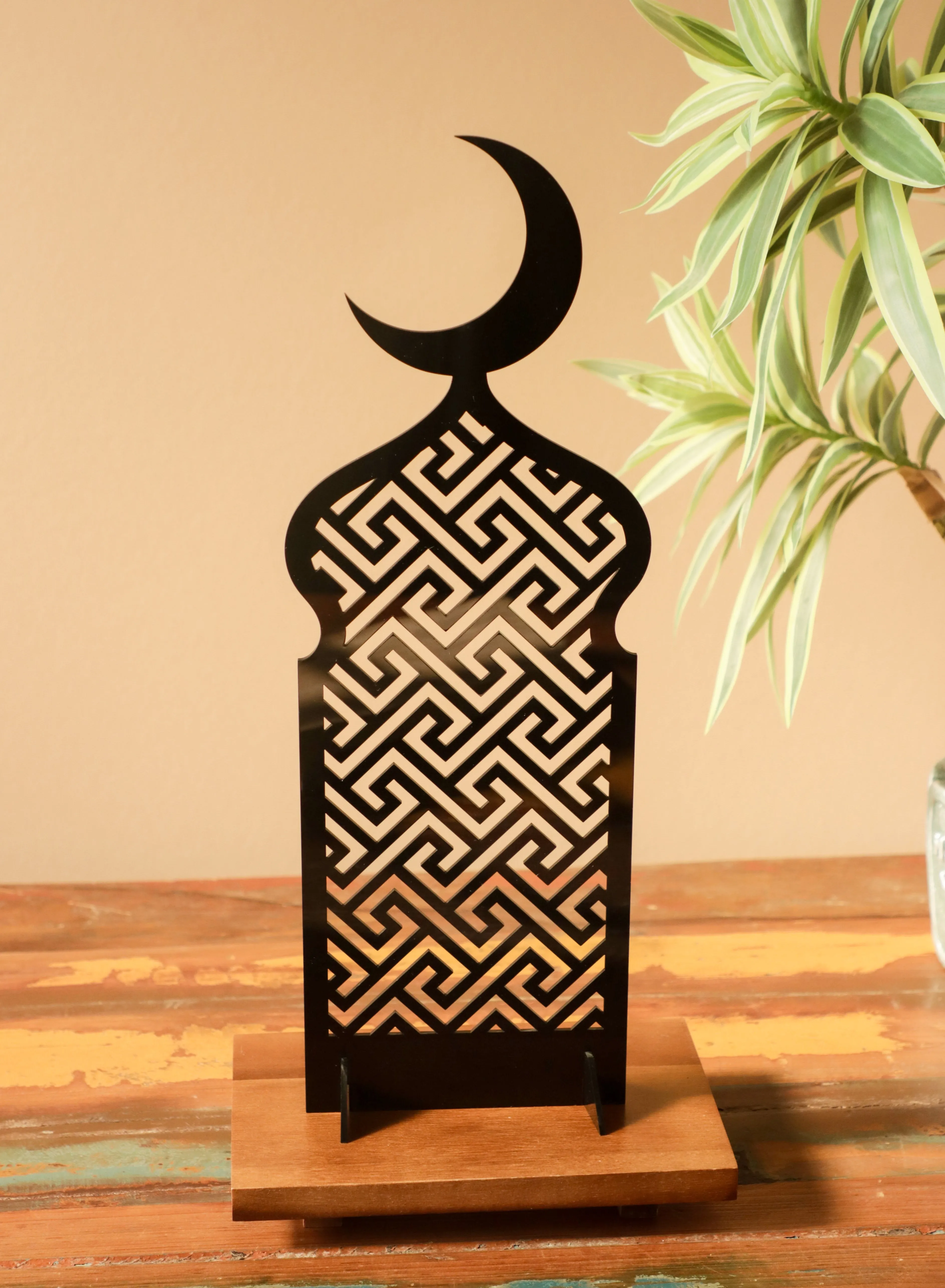 Acrylic Decor Stand in Ramadan Crescent Shape with Islamic Pattern