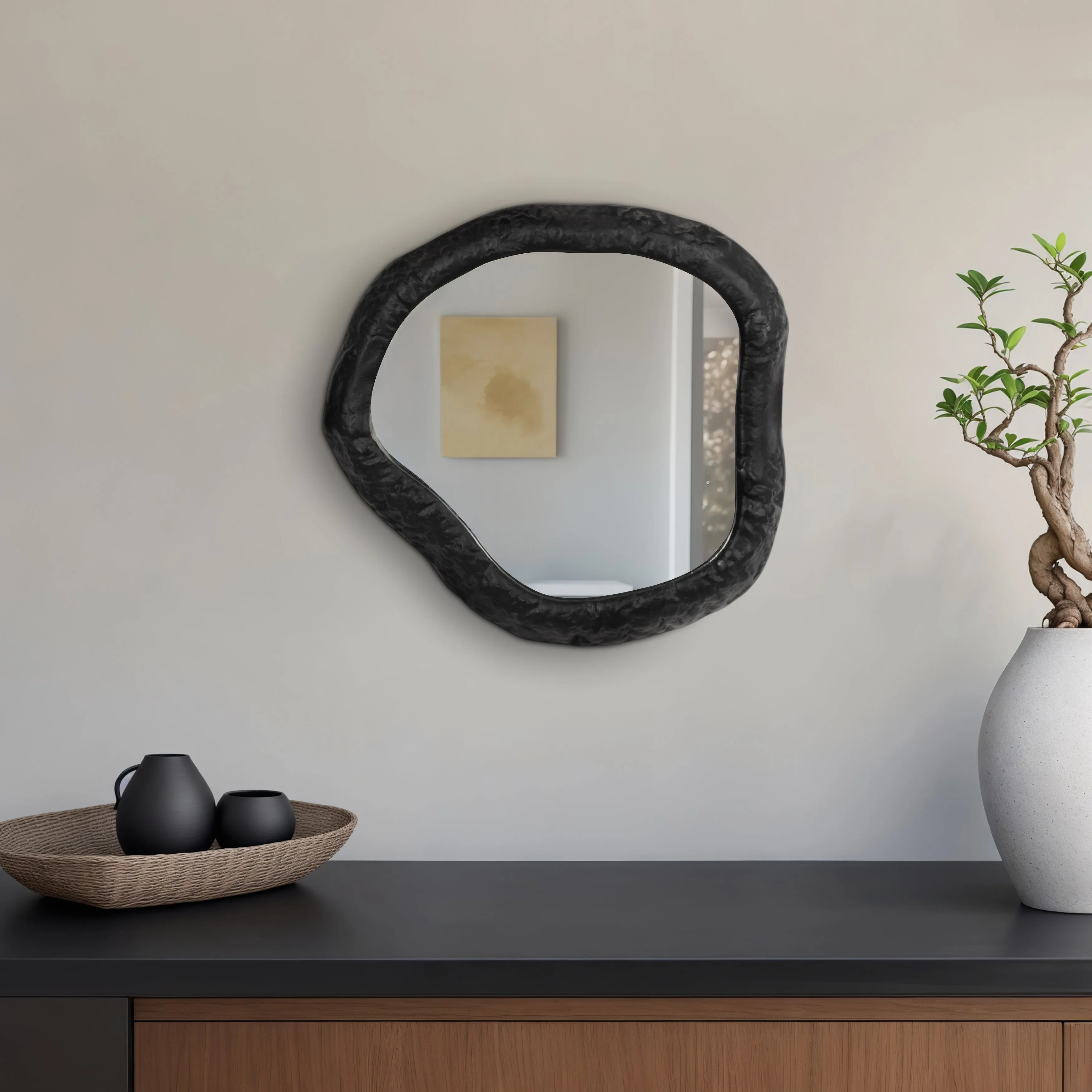 ALUM,14",HAMMERED OUTLINED MIRROR,MATTE BLACK