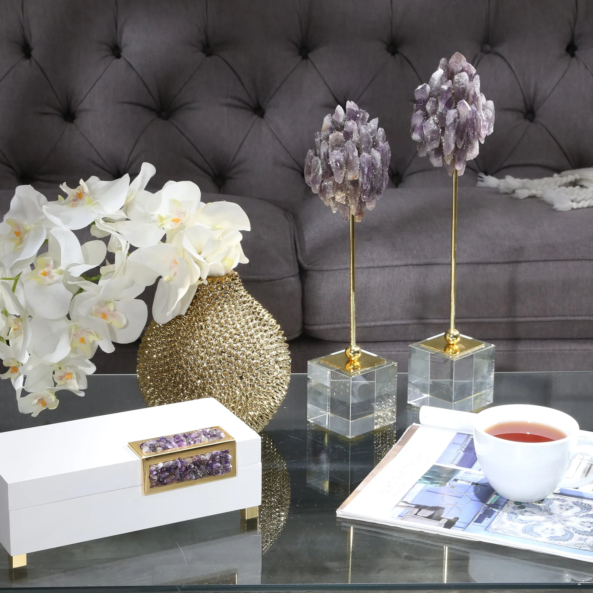AMETHYST PIECES ON GOLD STAND18"