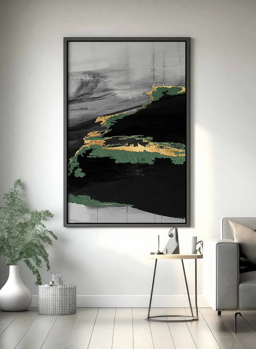 Canvas Wall Art Stretched Over Wooden Frame with Black Floating Frame