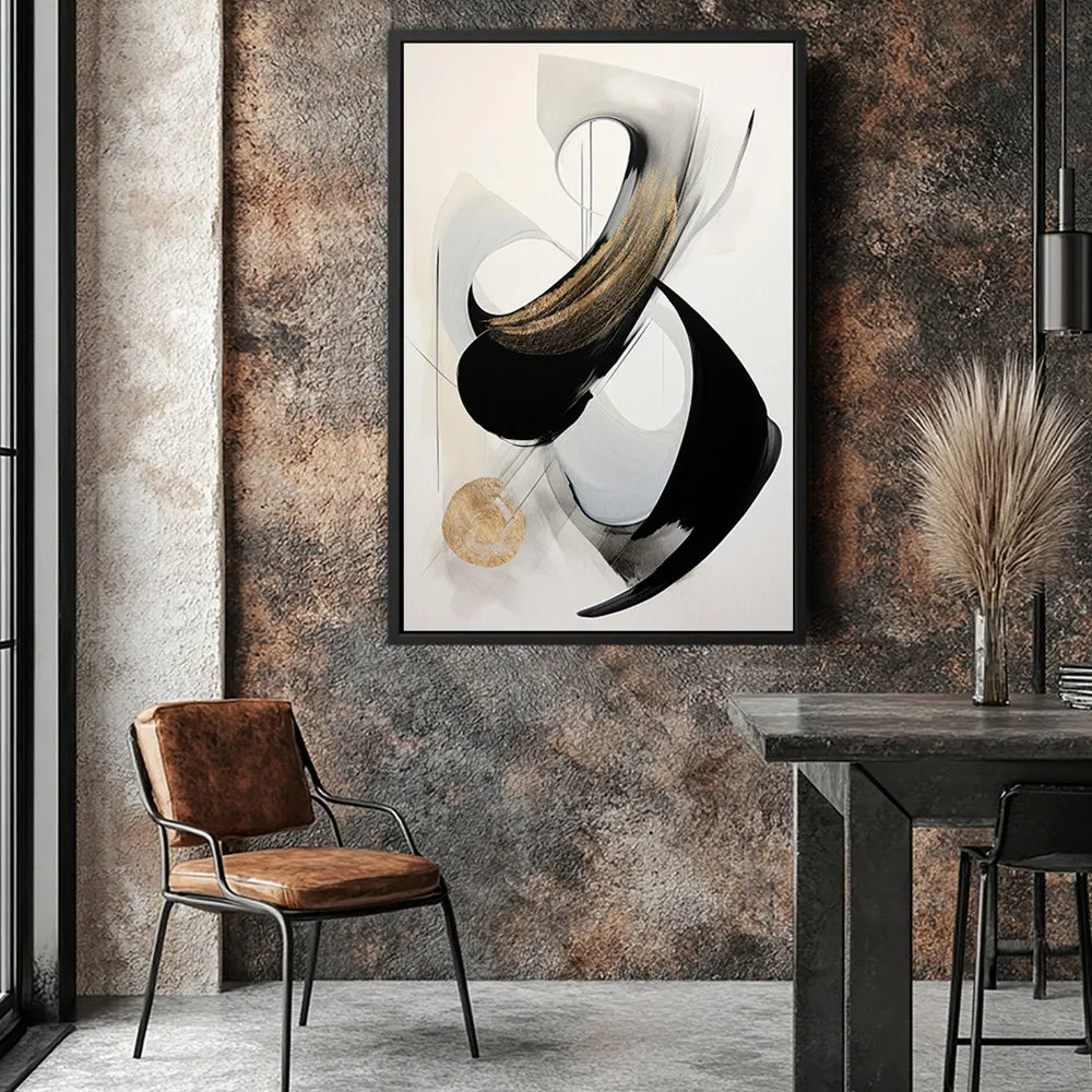 Canvas Wall Art Stretched Over Wooden Frame with Floating Frame and Black With Gold Circle Painting CV4126