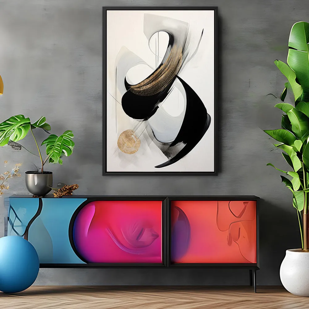 Canvas Wall Art Stretched Over Wooden Frame with Floating Frame and Black With Gold Circle Painting CV4126
