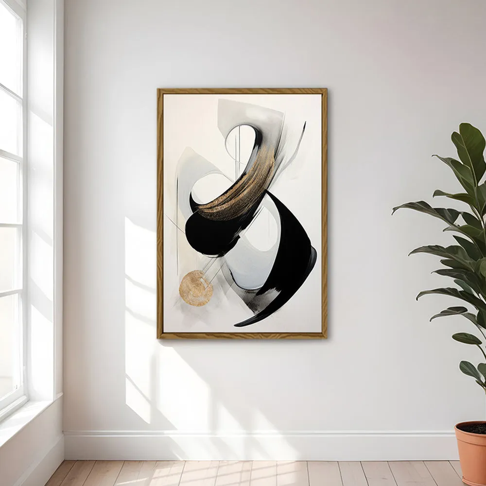 Canvas Wall Art Stretched Over Wooden Frame with Floating Frame and Black With Gold Circle Painting CV4126