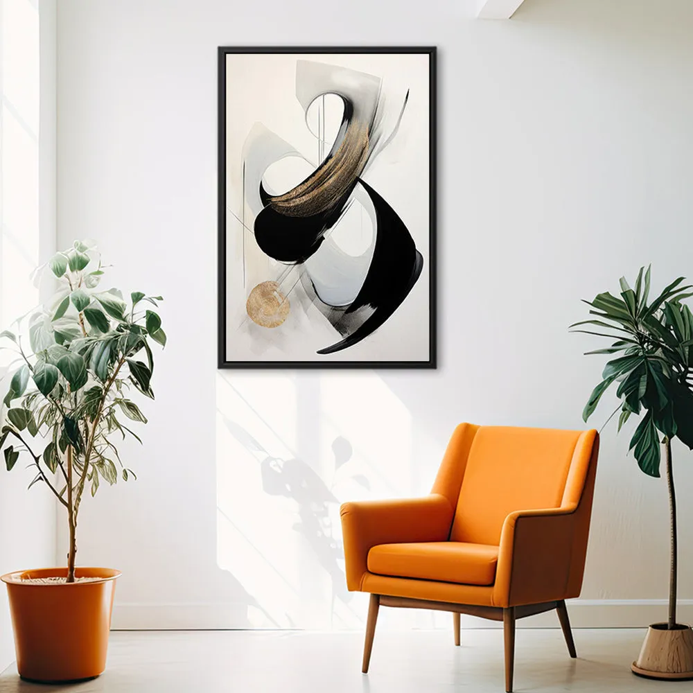 Canvas Wall Art Stretched Over Wooden Frame with Floating Frame and Black With Gold Circle Painting CV4126