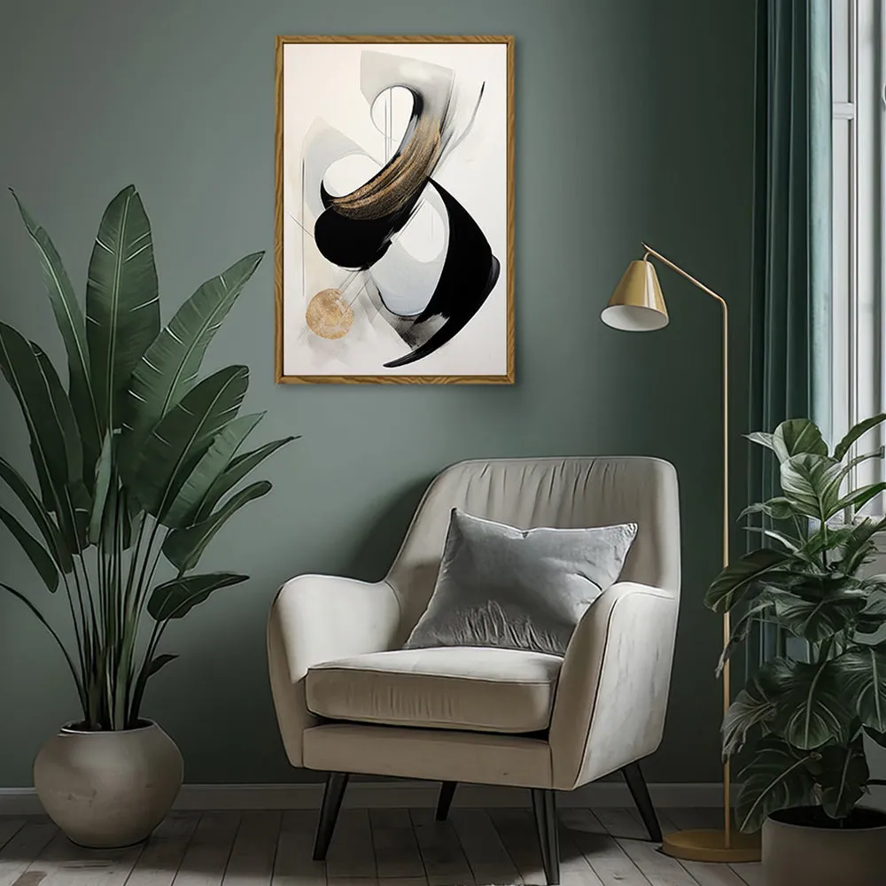 Canvas Wall Art Stretched Over Wooden Frame with Floating Frame and Black With Gold Circle Painting CV4126