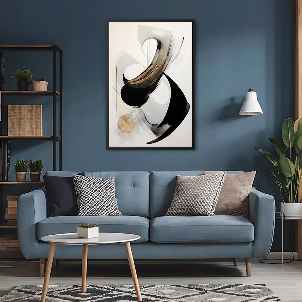 Canvas Wall Art Stretched Over Wooden Frame with Floating Frame and Black With Gold Circle Painting CV4126