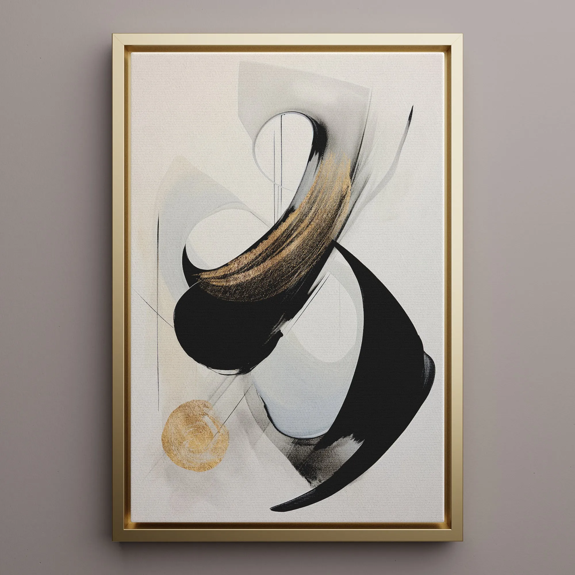 Canvas Wall Art Stretched Over Wooden Frame with Floating Frame and Black With Gold Circle Painting CV4126