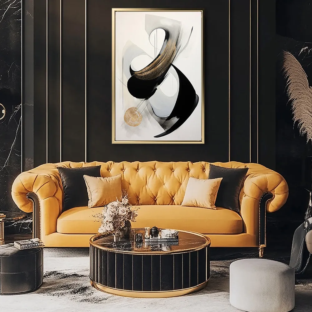 Canvas Wall Art Stretched Over Wooden Frame with Floating Frame and Black With Gold Circle Painting CV4126