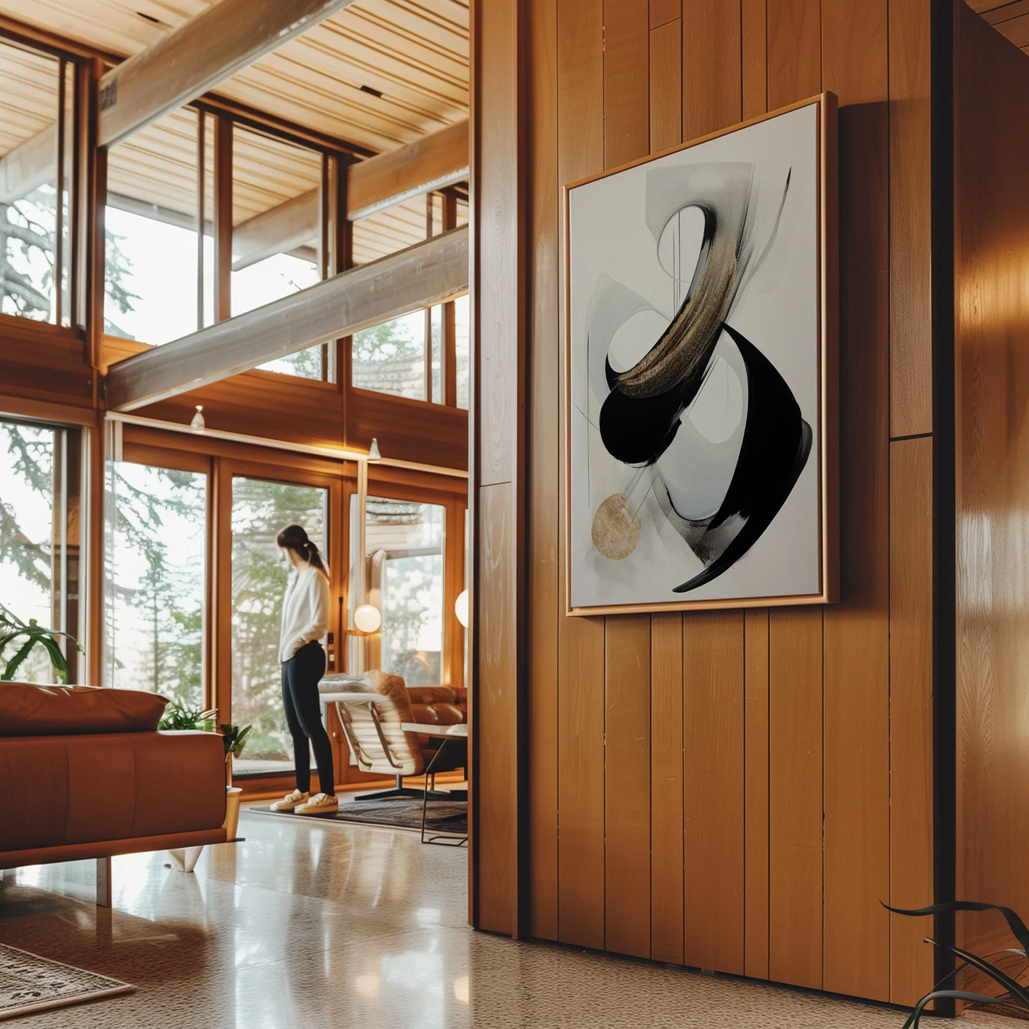 Canvas Wall Art Stretched Over Wooden Frame with Floating Frame and Black With Gold Circle Painting CV4126