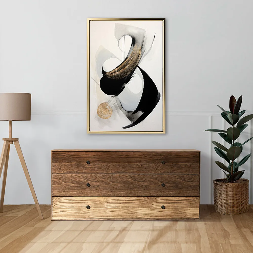 Canvas Wall Art Stretched Over Wooden Frame with Floating Frame and Black With Gold Circle Painting CV4126