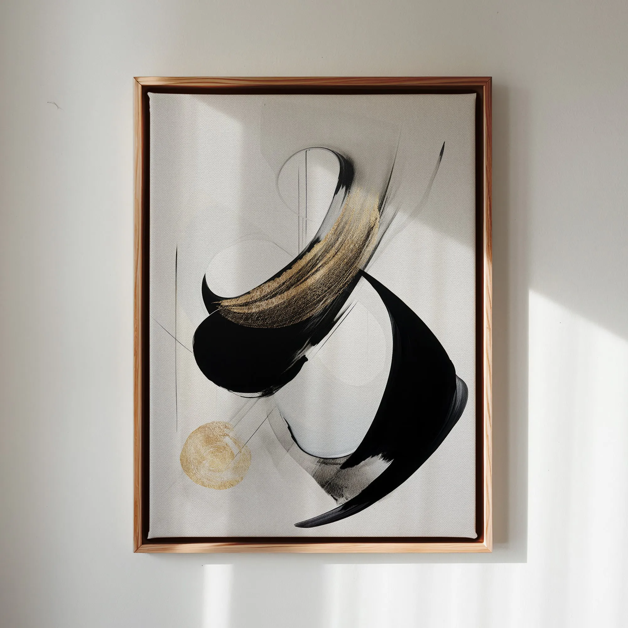 Canvas Wall Art Stretched Over Wooden Frame with Floating Frame and Black With Gold Circle Painting CV4126