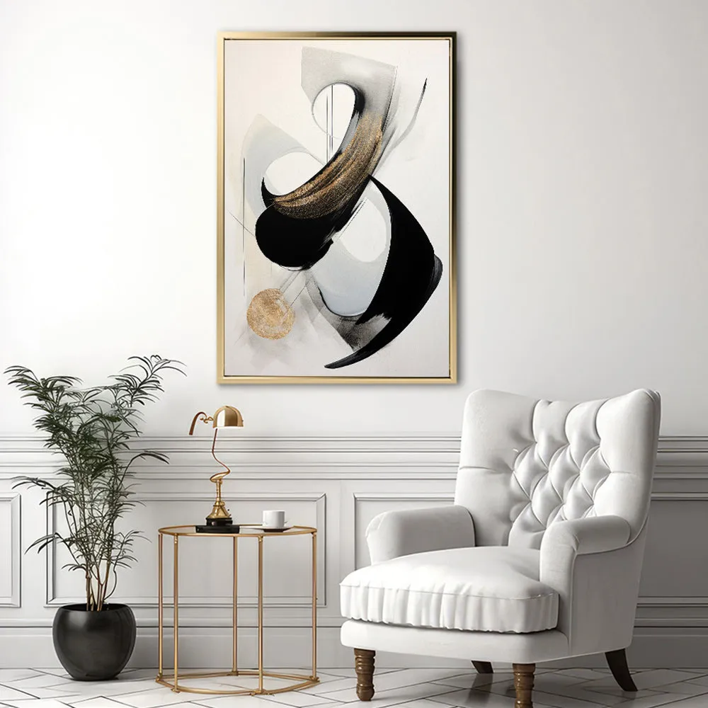 Canvas Wall Art Stretched Over Wooden Frame with Floating Frame and Black With Gold Circle Painting CV4126