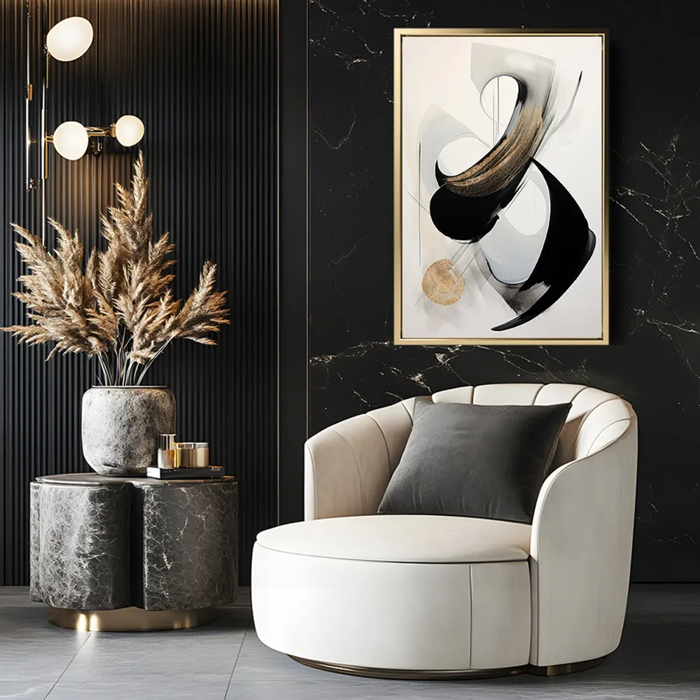 Canvas Wall Art Stretched Over Wooden Frame with Floating Frame and Black With Gold Circle Painting CV4126