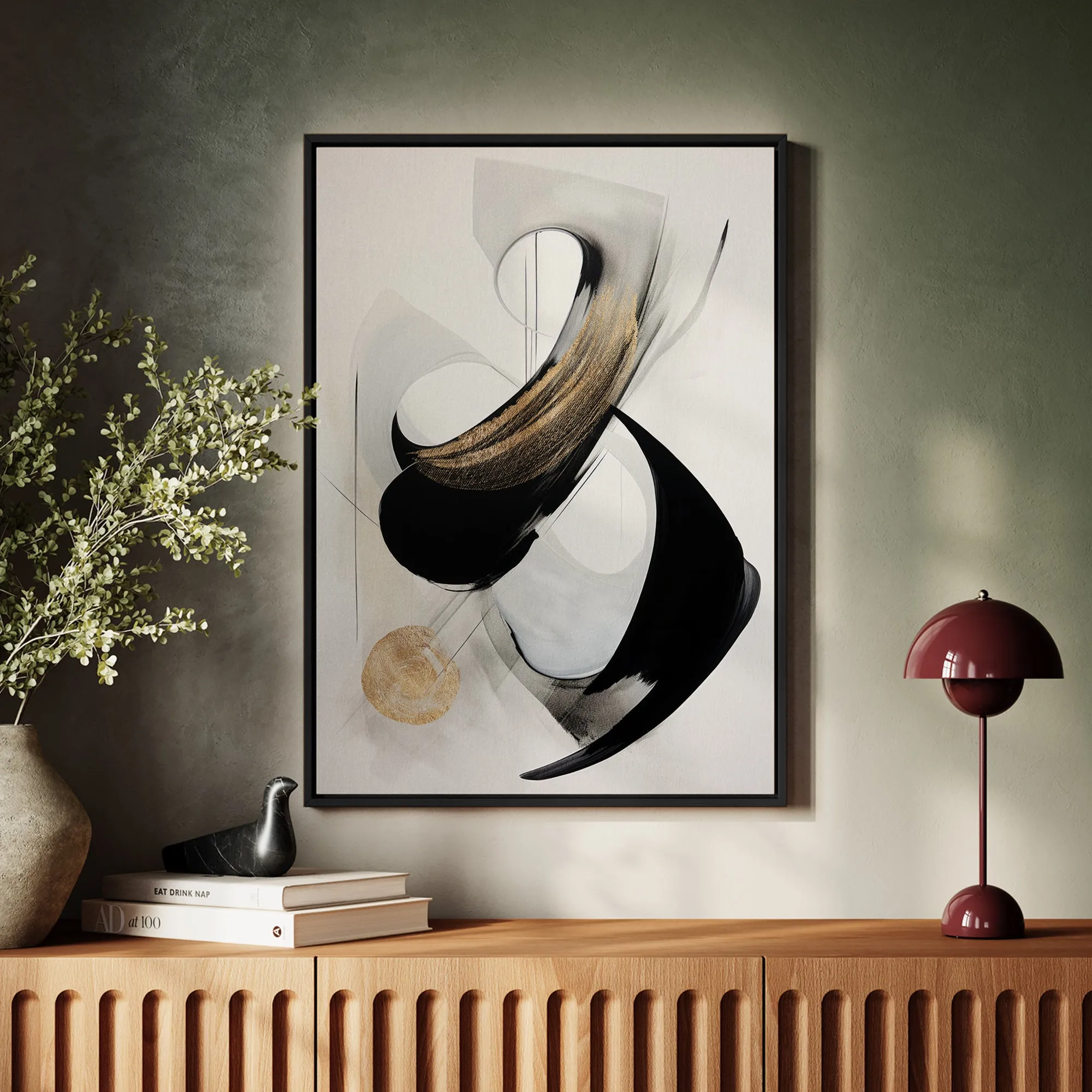 Canvas Wall Art Stretched Over Wooden Frame with Floating Frame and Black With Gold Circle Painting CV4126