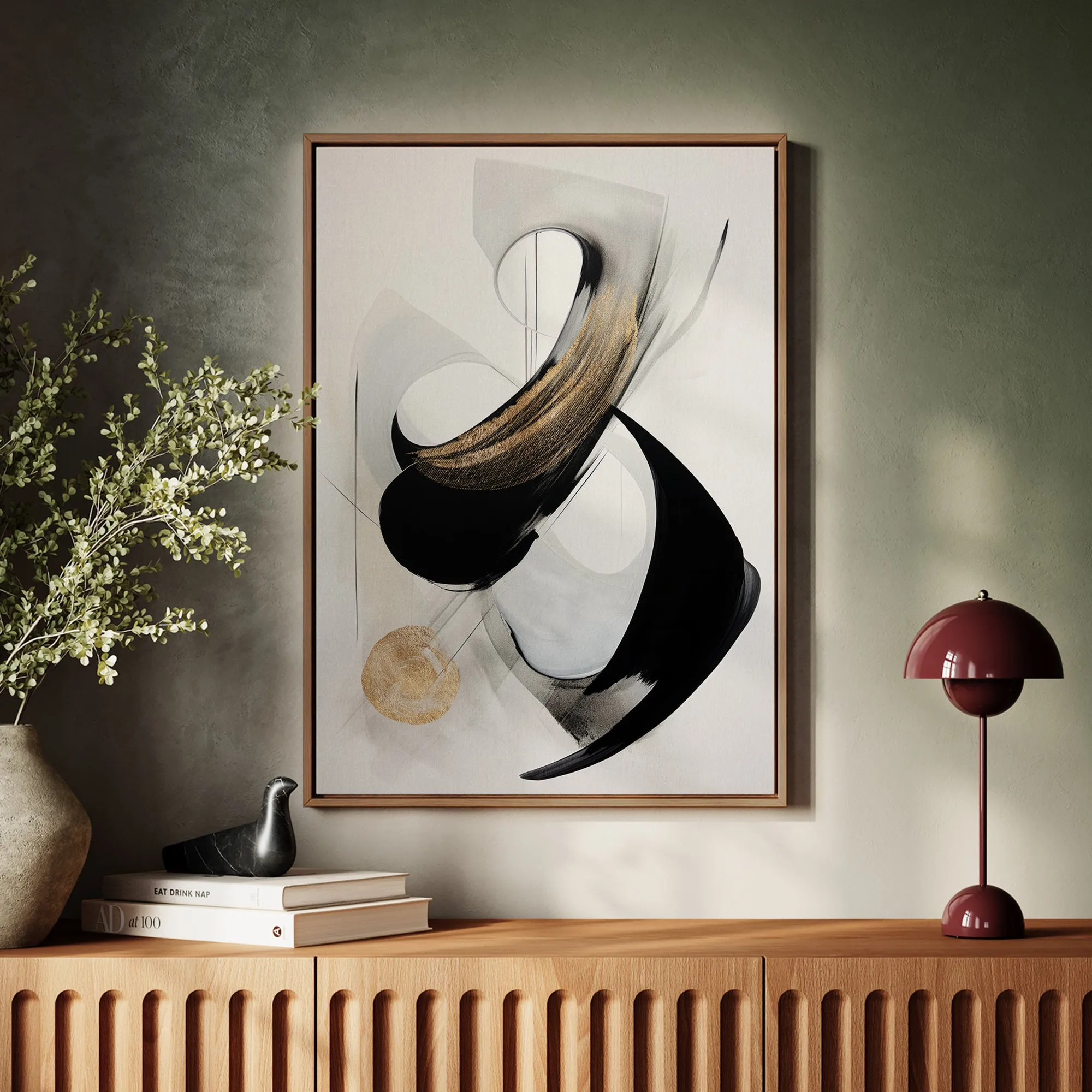 Canvas Wall Art Stretched Over Wooden Frame with Floating Frame and Black With Gold Circle Painting CV4126