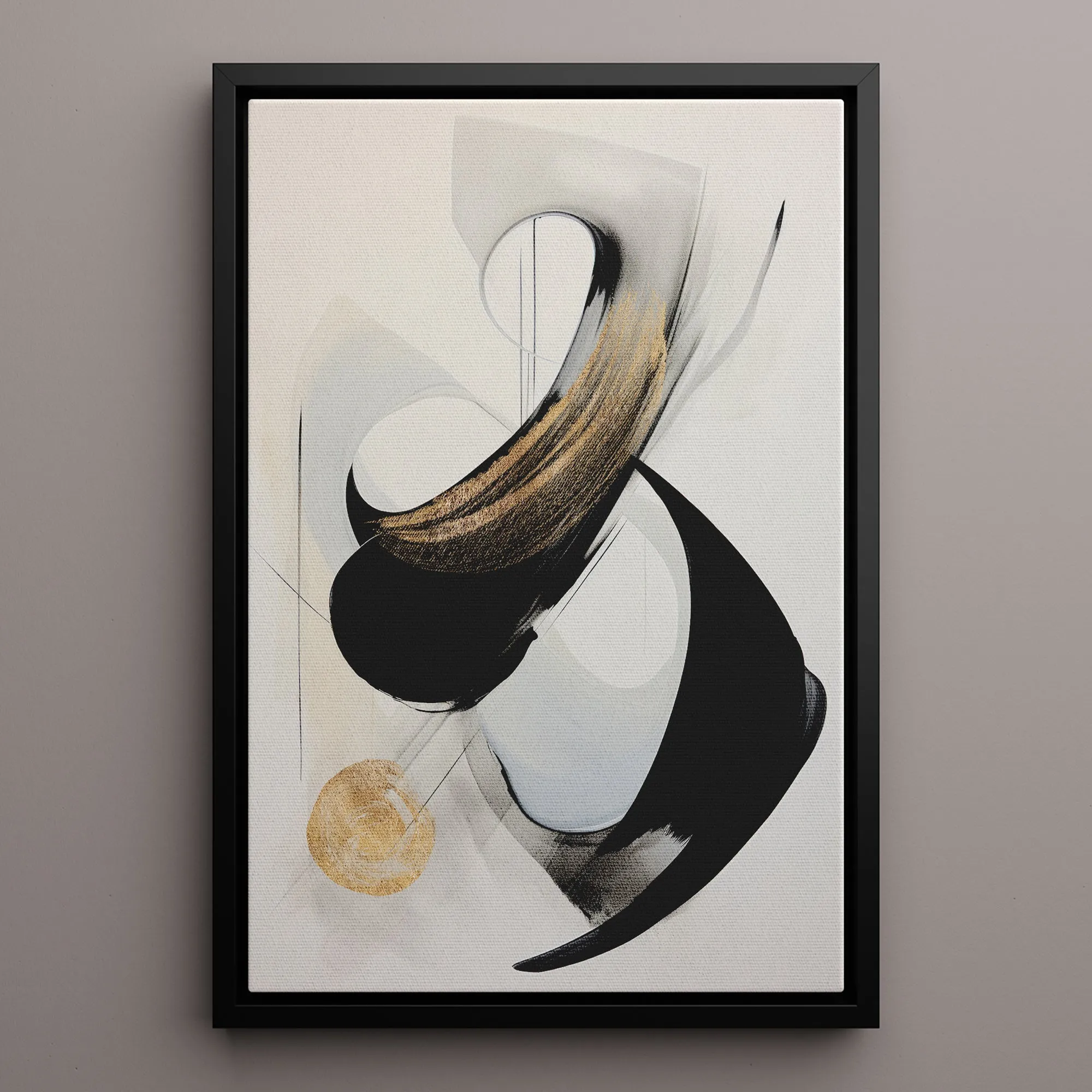 Canvas Wall Art Stretched Over Wooden Frame with Floating Frame and Black With Gold Circle Painting CV4126