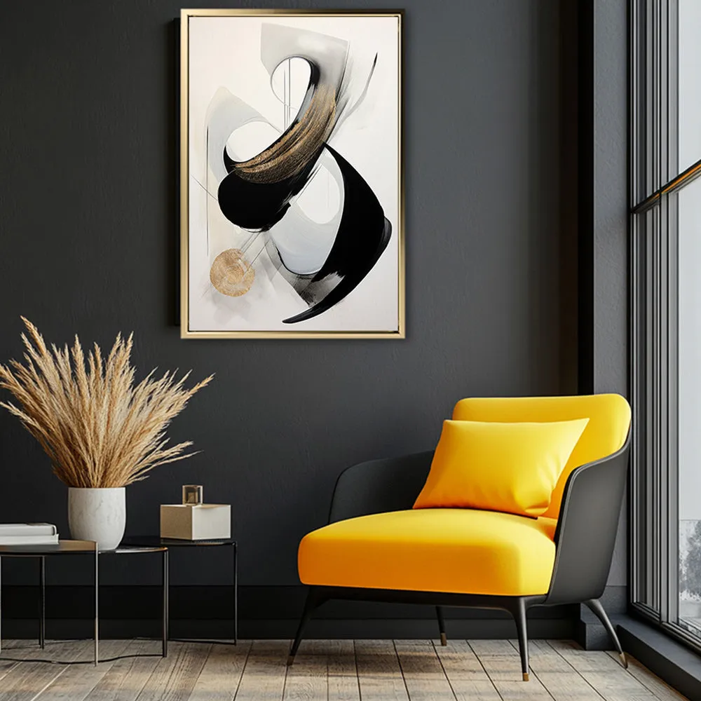 Canvas Wall Art Stretched Over Wooden Frame with Floating Frame and Black With Gold Circle Painting CV4126