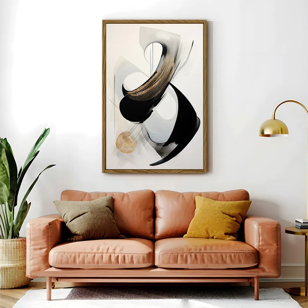 Canvas Wall Art Stretched Over Wooden Frame with Floating Frame and Black With Gold Circle Painting CV4126