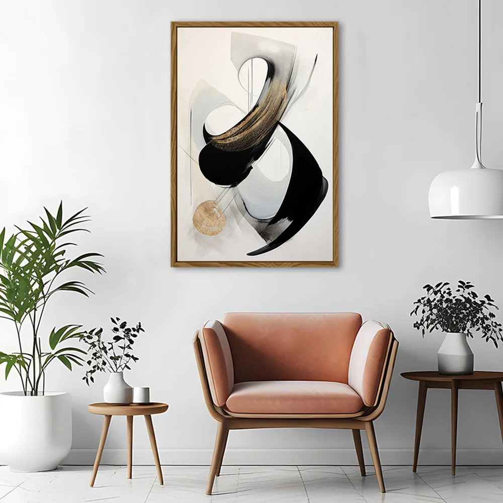 Canvas Wall Art Stretched Over Wooden Frame with Floating Frame and Black With Gold Circle Painting CV4126