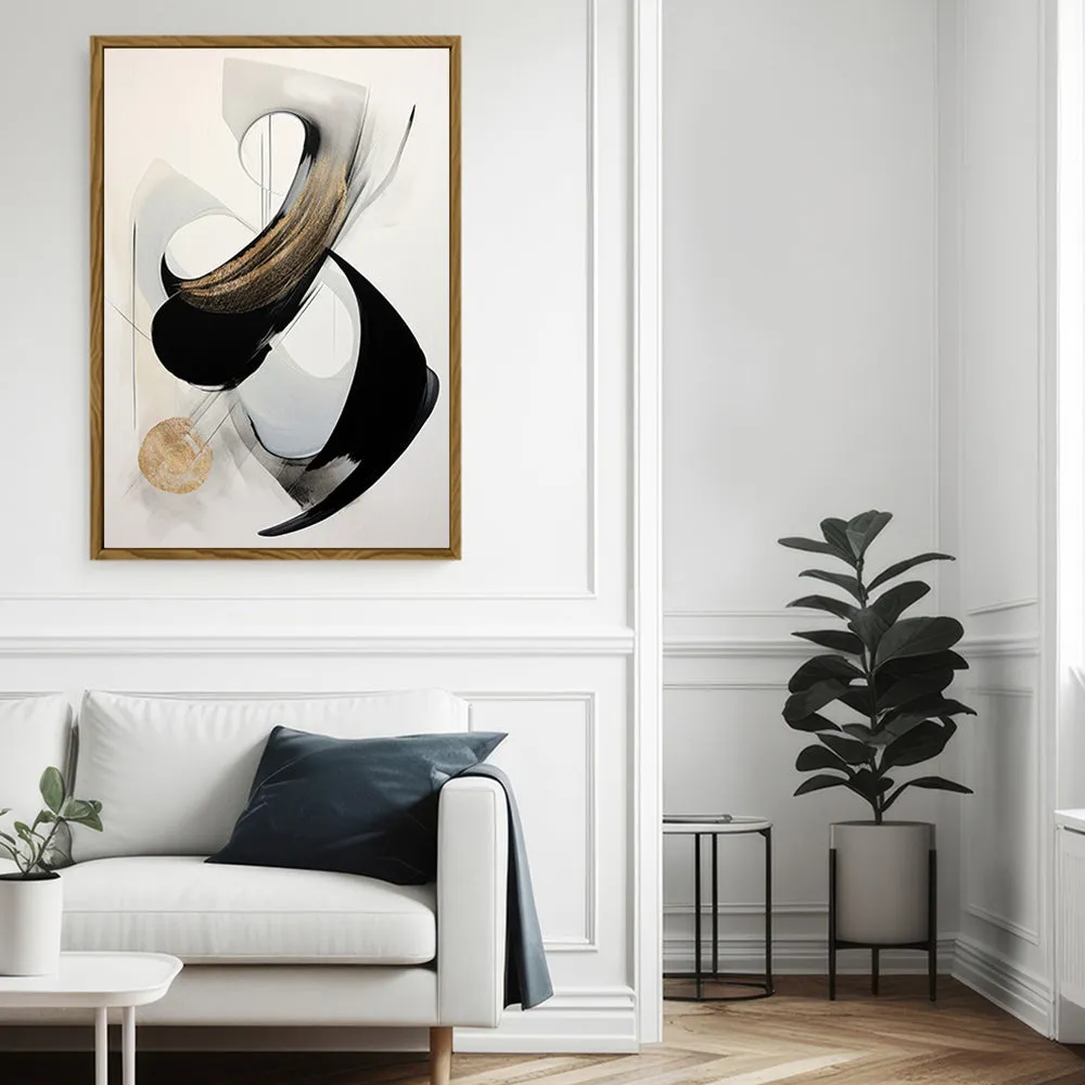 Canvas Wall Art Stretched Over Wooden Frame with Floating Frame and Black With Gold Circle Painting CV4126