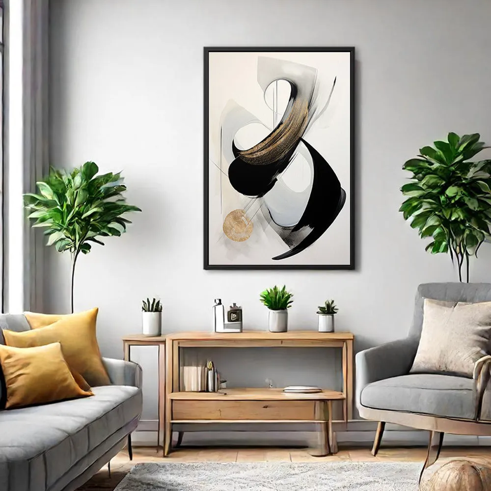 Canvas Wall Art Stretched Over Wooden Frame with Floating Frame and Black With Gold Circle Painting CV4126