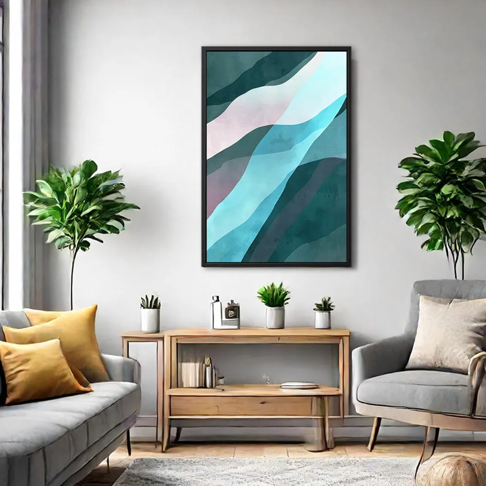 Canvas Wall Art Stretched Over Wooden Frame with Floating Frame and Blue Waves Abstract Painting CV4128