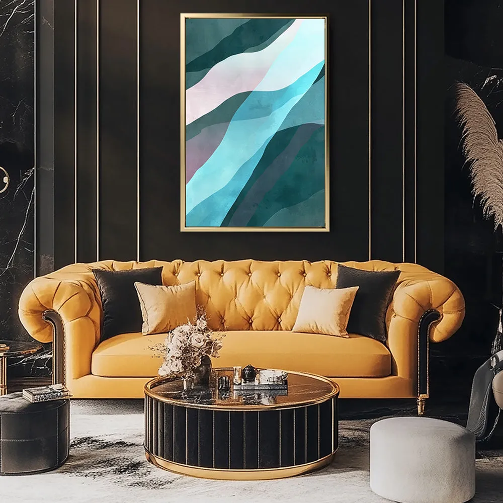 Canvas Wall Art Stretched Over Wooden Frame with Floating Frame and Blue Waves Abstract Painting CV4128