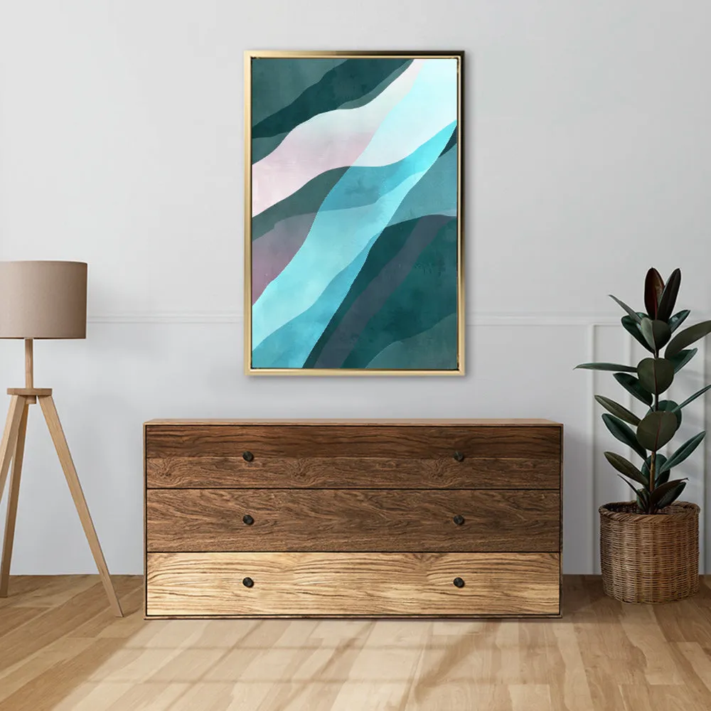 Canvas Wall Art Stretched Over Wooden Frame with Floating Frame and Blue Waves Abstract Painting CV4128