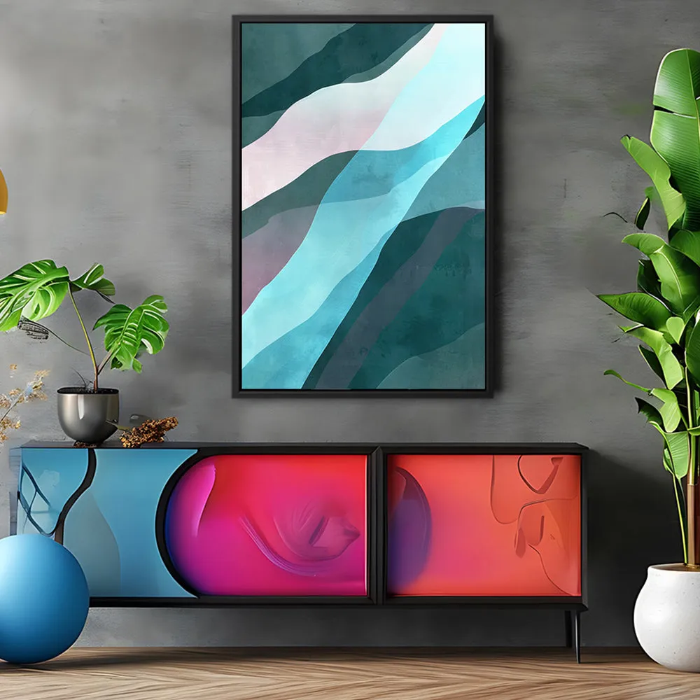 Canvas Wall Art Stretched Over Wooden Frame with Floating Frame and Blue Waves Abstract Painting CV4128