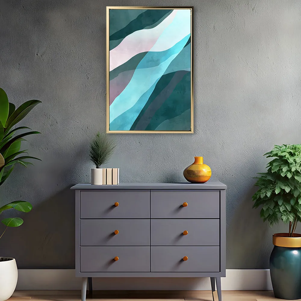 Canvas Wall Art Stretched Over Wooden Frame with Floating Frame and Blue Waves Abstract Painting CV4128