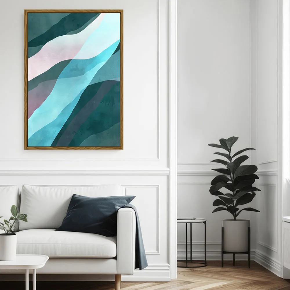 Canvas Wall Art Stretched Over Wooden Frame with Floating Frame and Blue Waves Abstract Painting CV4128