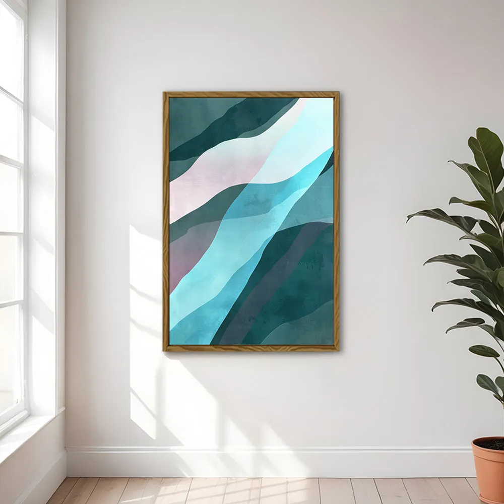 Canvas Wall Art Stretched Over Wooden Frame with Floating Frame and Blue Waves Abstract Painting CV4128